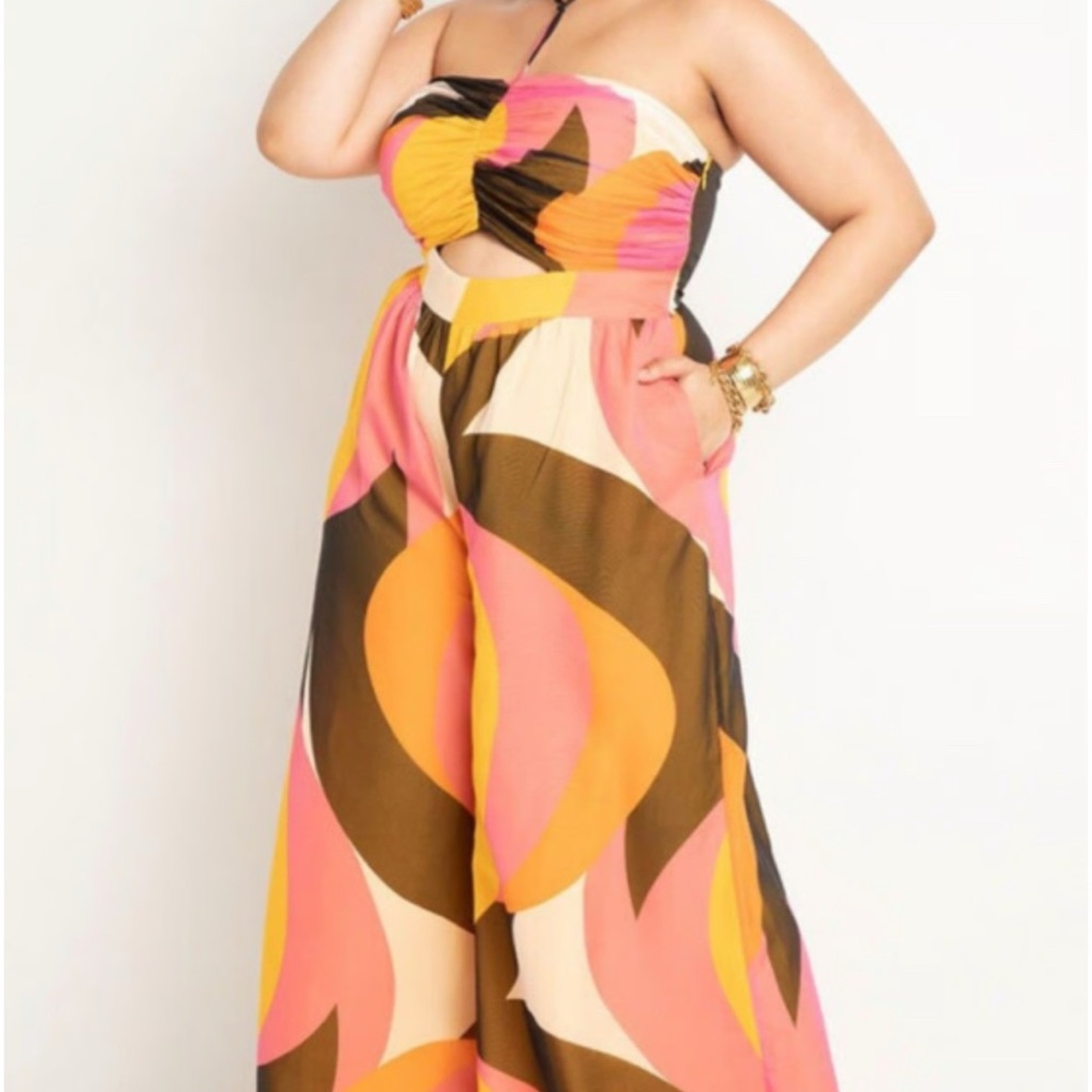 Eloquii Halter Neck, Wide Legged Patterned Jumpsuit